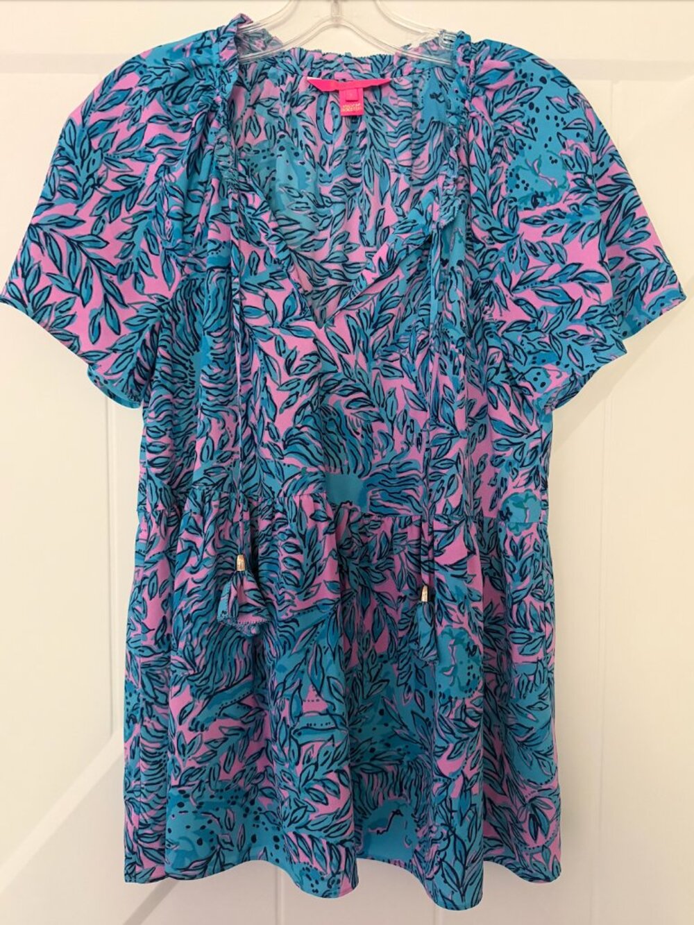 Lilly Pulitzer Blue Pink Jungle Print Tassel Tunic Dress Women's